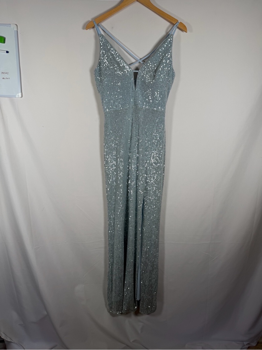 Xscape Silver Sequin Maxi Dress with Crisscross Straps - Prom, Evening Black Tie